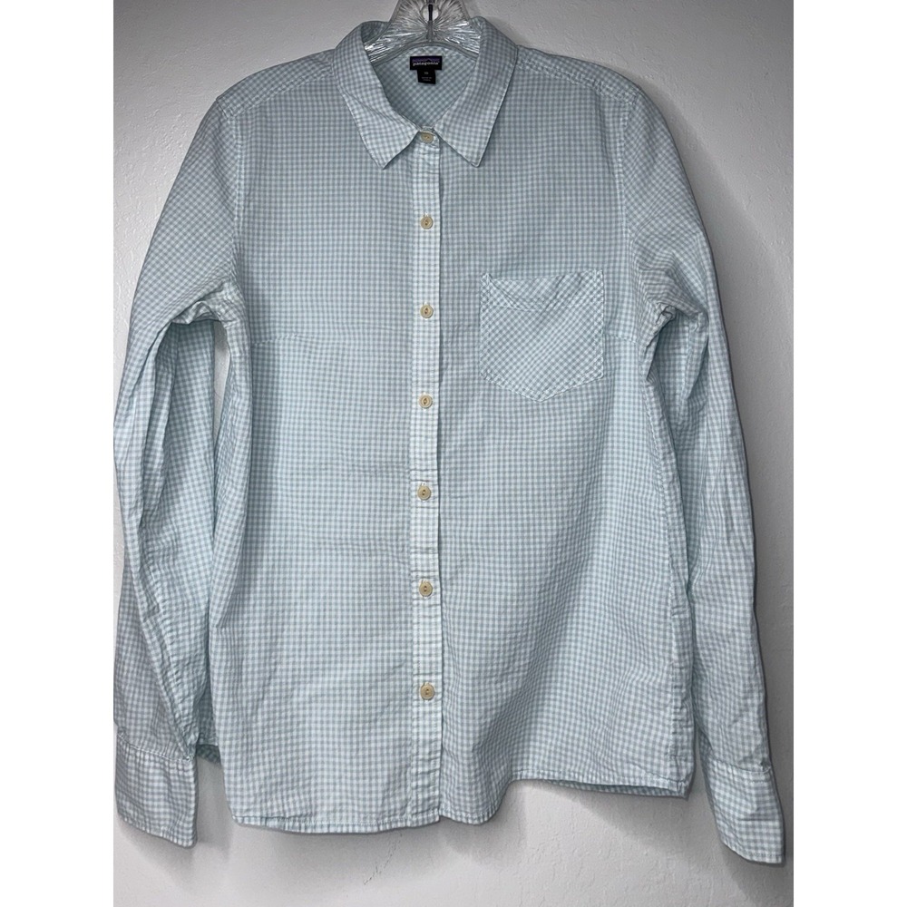 Patagonia Brookgreen Long Sleeve Shirt Women Med Size 10 Aqua Gingham Minimalist